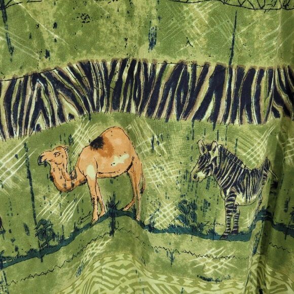 Vintage 80's La Cera Dress Rayon Scoop Button Shift Midi Safari Animals Green XL - Picture 5 of 15